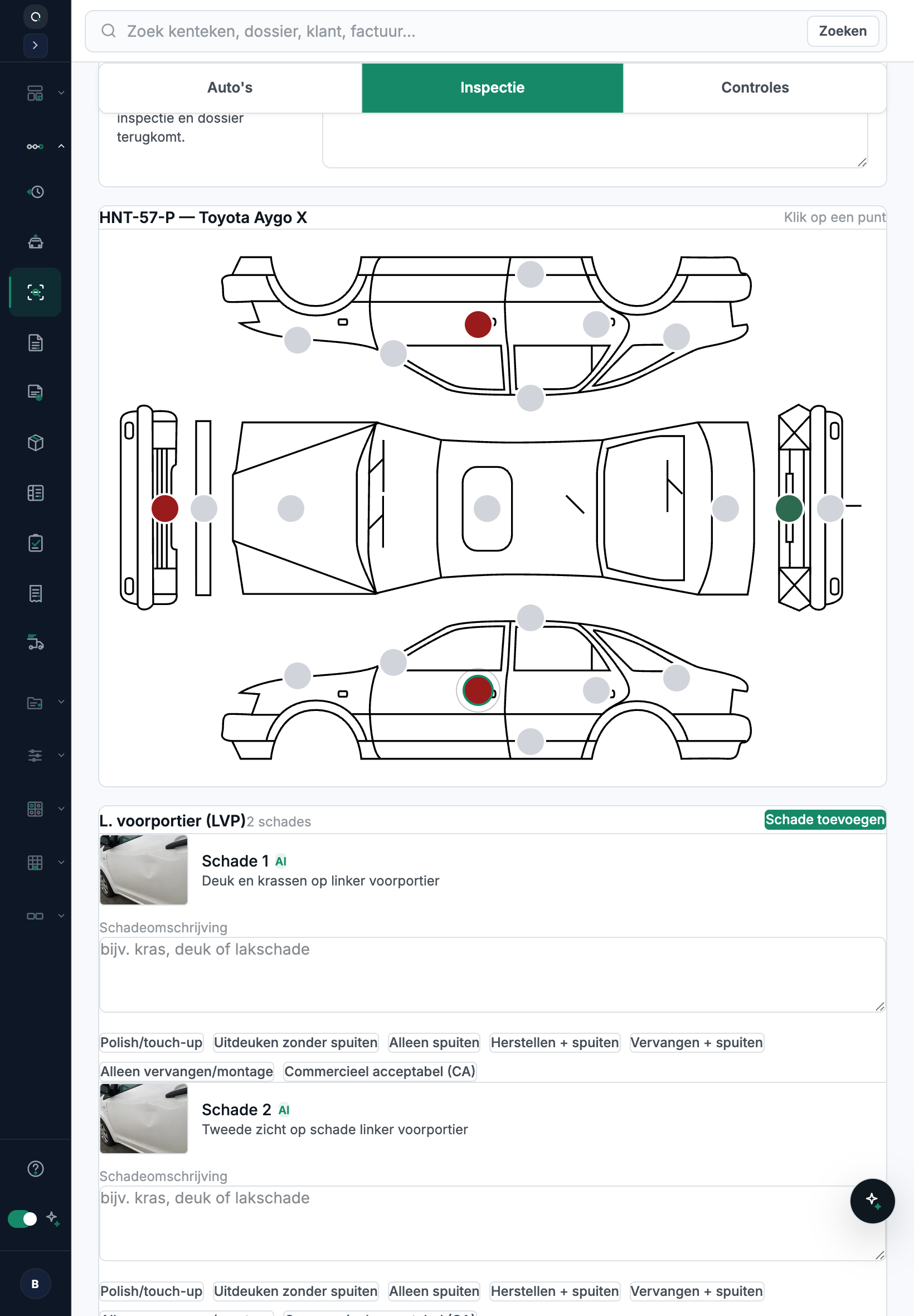 Q-Entra-inspectierapport op iPad met voertuigdiagram en schadepunten in een demo-omgeving